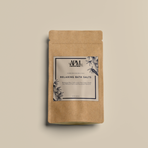 product image of brown package with a label of the Blissful Peace Relaxing Bath Salts